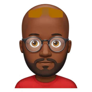 bearded black bald man with eyeglasses with red shirt sticker