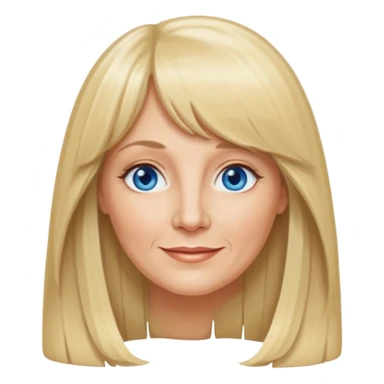 50 yr old white woman, curtain bangs, very long straight blond hair, oval face, small smile, blue eyes sticker