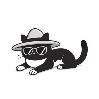a cat in a summer panama hat with large brim, wearing sunglasses, lying on its stomach with its head resting on the ground sticker