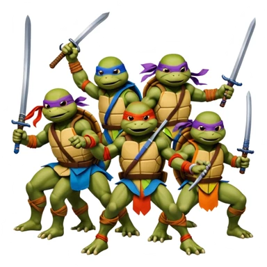 Vector emoji sticker of 4 Ninja Turtles: Leo (blue/swords), Raph (red/sais), Donnie (purple/staff), and Mikey (orange/nunchucks). Action poses, NYC rooftop, pizza box, bold comic style, white border. sticker