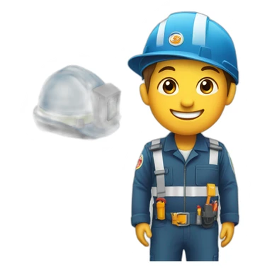 An little kid with engineer uniform. Logo “FE” as logo on his hat, laughing sticker