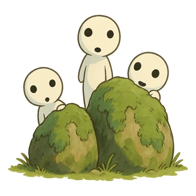 small whimsical forest spirits peeking from behind mossy rocks, playful mood, ghibli style sticker