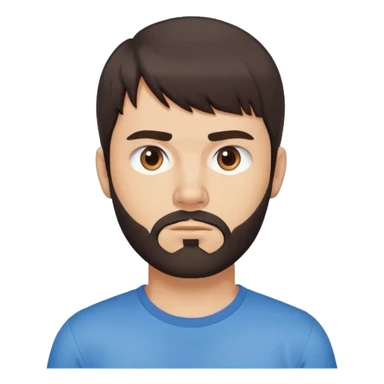 Argentine male with straight dark brown hair and bangs, short complete beard, serious neutral face, wearing plain blue t-shirt sticker