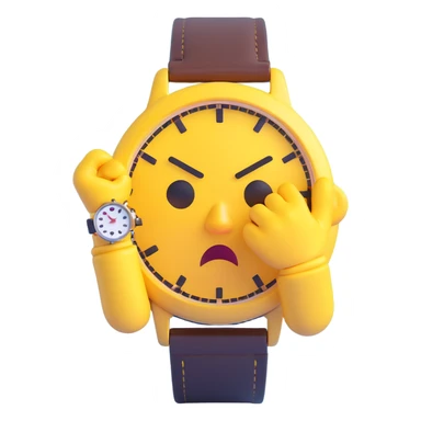 A yellow emoji face with a worried expression, looking at a wristwatch with raised eyebrows, showing urgency and stress sticker
