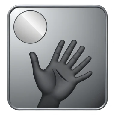 Minimalist emoji-style sticker of a mirror with a shadowy hand reaching out from within. Black and gray, flat icon, square format.

 sticker