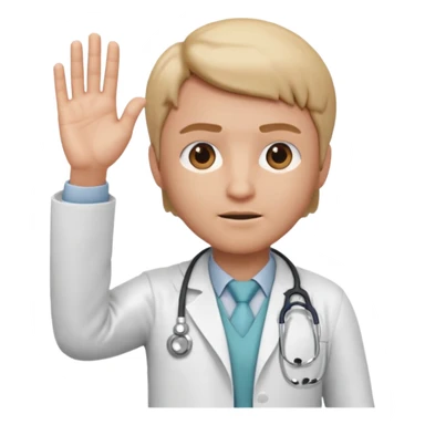 3D memoji doctor, hand raised forward in stop gesture, serious face, educational tone, white coat, stethoscope visible, centered, transparent PNG sticker