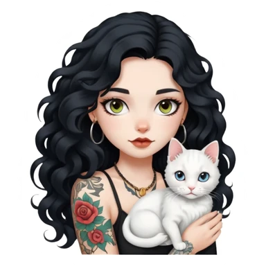 girl with long black Loose curls hair and tattoos and a white cat sticker