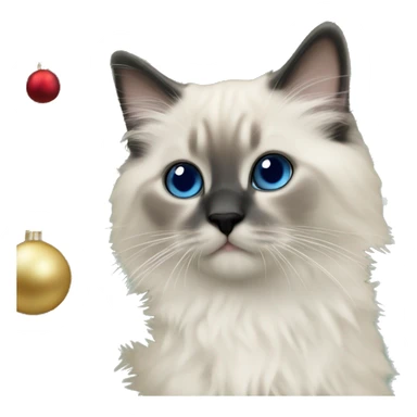 Blue colorpoint ragdoll kitten with dark nose climbing a Christmas tree sticker