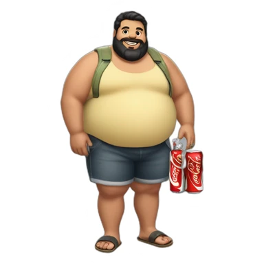 fat man in flip-flop shorts, black hair and beard holding a bottle of Coca-Cola sticker