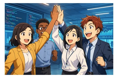 équipe IA/ML diverse célébrant un succès, high five collectif, arrière-plan avec écrans de code et graphiques, style anime vibrant et professionnel sticker