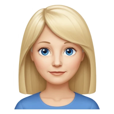 50 yr old white woman, center part bangs, very long straight blond hair, oval face, small smile, blue eyes, thin face, hair downback, hair parted at center of head, round cheeks, pale, longer hair sticker