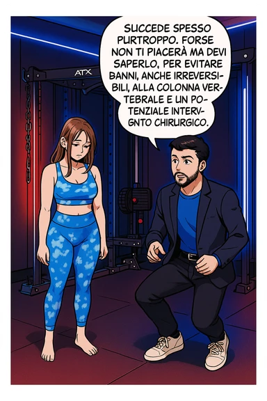 fai questa immagine in versione fumetto/manga/webtoon a colori, il manga mostra l'uomo che risponde alla donne:
Succede spesso purtroppo. 
Forse non ti piacerà ma devi saperlo, per evitare danni, anche irreversibili, alla colonna vertebrale e un potenziale intervento chirurgico. sticker