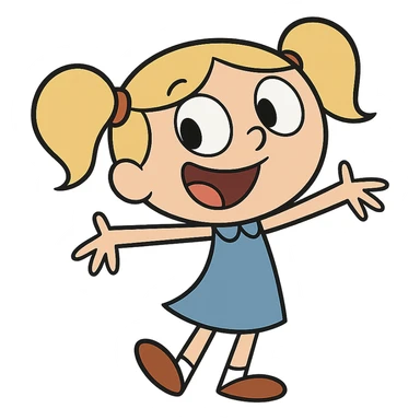 Little Suzy from Johnny Bravo, cheerful girl with pigtails, blue dress, cartoon style sticker