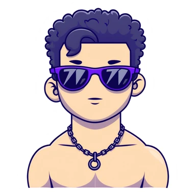 shirtless male athlete with white skin and moderately curly black hair on top with shaved sides, wearing purple sunglasses with very dark heavily tinted black lenses, and a simple plain black chain necklace with absolutely no pendant or decoration sticker