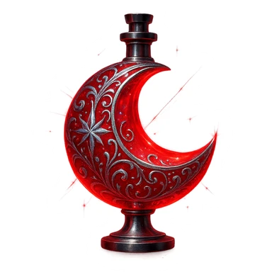 modernus prabangus eliksyro buteliukas, raudono mėnulio forma, paslaptingas, mistinis, ryški raudona spalva, stiprūs holografiniai ir sidabriniai ornamentai, itin ryškūs magiški švytėjimai ir efektai, labai mažas kaklelis, skaidrus fonas, vientisas dugnas, be šešėlio, plūduriuoja ore, kolekcijos stilius sticker