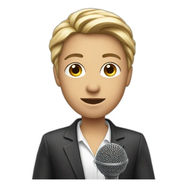 white journalist standing confidently while holding a microphone. The journalist should be in professional attire sticker