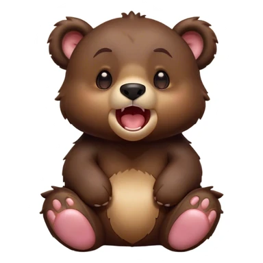 Cinematic Cute Yawning bear cub Portrait Emoji, Head tilted slightly with a dramatic, wide-open yawn, showcasing a soft, plush dark brown fur with drooping ears, round eyes barely open in drowsy contentment, Simplified yet irresistibly adorable features, highly detailed, glowing with a soft, cozy glow, high shine, relaxed yet expressive, stylized with a touch of woodland charm, bright and endearing, soft glowing outline, capturing the essence of a sleepy yet affectionate bear cub, so drowsy it feels like it could lumber out of the screen and curl up for a nap! sticker