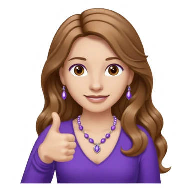 lady with long wavy русые hair, purple top, карие eyes, thumbs up, с бусами белые и серебром на шее sticker
