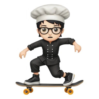 ["An angry boy  wearing a chef hat and square glasses, dressed in goth fashion, is skateboarding while holding a backpack."] sticker