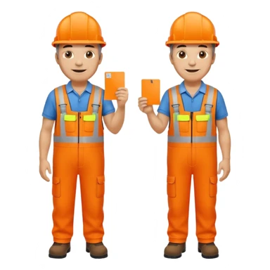 mature engineer hi-vis orange overalls standing full body holding a card sticker