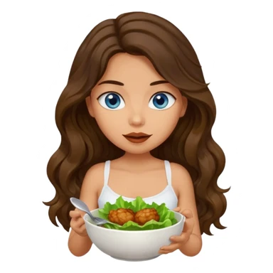 Girl with olive skin, blue eyes, brown dark insanely wavy long hair, white camisole eating a bowl of lettuce and chicken sticker
