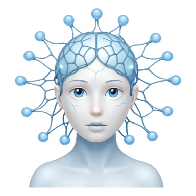 minimalist human figure with luminous cores at head and heart, delicate lines and orbs forming a neural web, soft white-blue light sticker