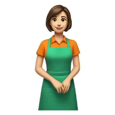 A 3D-rendered, cute and colorful illustration of a cashier standing behind a checkout counter. The cashier is a smiling young woman with short brown hair, wearing an orange shirt and a green apron. She has a friendly and welcoming facial expression. The counter is modern and vibrant, designed with rounded edges, featuring a yellow countertop, blue panels, and cylindrical yellow legs. A small, orange POS terminal (cash register screen) is placed on the counter. The background is neutral, clean, and minimalistic. The art style is soft and polished, resembling high-quality 3D plastic figures with smooth textures and a slightly glossy finish. The lighting is soft and evenly distributed, creating a warm and inviting atmosphere. The scene looks cheerful and professional, ideal for illustrating retail and service industry concepts sticker