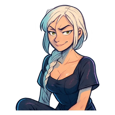  she is making a smug and suspicious facial expression, eyebrows pointed up, a closeup portrait of young woman with gold yellow eyes, white hair, long braid, black off-shoulder top d-cup, punk gothic style, futuristic cyberwave cyberpunk, sitting position
 sticker