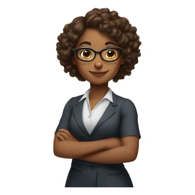 Brown girl with curly brown hair wearing glasses and arms folded, smiling, wearing professional dress sticker