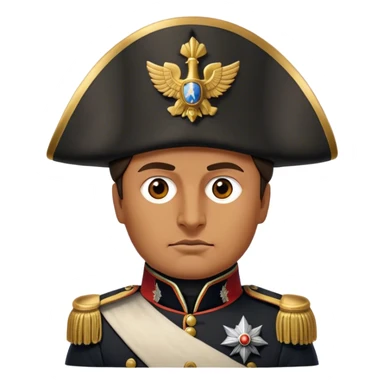 Cinematic Realistic Napoleon Bonaparte Portrait Emoji, depicted as a commanding military leader with a determined gaze and iconic bicorne hat, rendered with dramatic textures and bold historical lighting that captures his imperial legacy. sticker