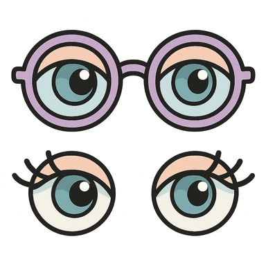 two pairs of eyes with eyelashes on one canvas, one pair wearing glasses and the other without glasses, icon-color-outlined style, vector look with shadows and highlights, detailed shading, thin clean outlines, soft rounded features, pastel palette #98B5BC #B5B3C1 #C9A3C9 #E4C0CA #F7DCD1 #F7C0AA, Japanese pop art, sticker look, highly detailed, transparent background sticker