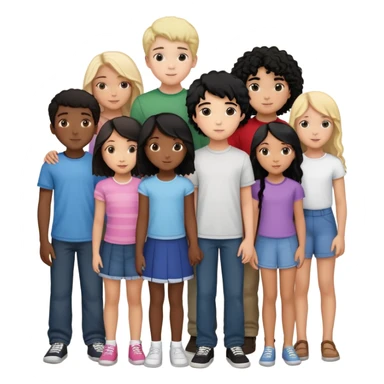 Group of diverse friends standing together, including a dark-skinned boy with straight hair, a light-skinned boy with straight blonde hair, a light-skinned girl with straight black hair, a mixed-race girl with straight brown hair, a light-skinned boy with wavy black hair, a mixed-race girl with dark curly hair, and in the center a light-skinned girl with wavy brown hair sticker