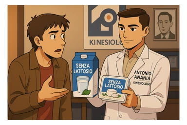 fai un webtoon manga a colori con questo stile, in cui un uomo ASCOLTA Il kinesiologo con il camice bianco (fagli anche la scritta "ANTONIO ANANIA" SUL CAMICE, IL KINESIOLOGO SPIEGA ALL'UOMO UNA MOSTRANDO VARI PRODOTTI DA SUPERMERCATO CONFEZIONATI (TIPO SCATOLA DI LATTE SENZA LATTOSIO, MOZZARELLA SENZA LATTOSIO), OGNI CONFEZIONE HA LA SCRITTA "SENZA LATTOSIO SULL'ETICHETTA. L'UOMO OSSERVA IL KINESIOLOGO CON ESPRESSIONE CONFUSA IN VOLTO. non fare i fumetti però, fai solo in modo che sembri stiano parlando sticker