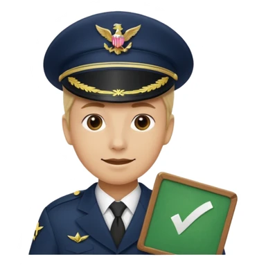 Slack-style emoji of a pilot wearing a slightly tilted navy captain hat holding a green board with a white check mark sticker