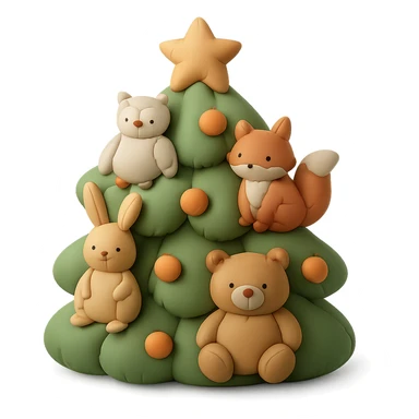 pine tree decorated with woodland critters in cushion style sticker