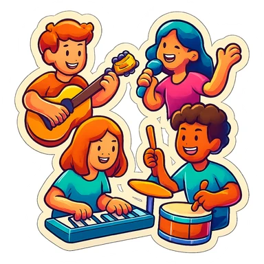 A group of friends playing music in retro stickers style, with musical instruments and a retro vibe sticker