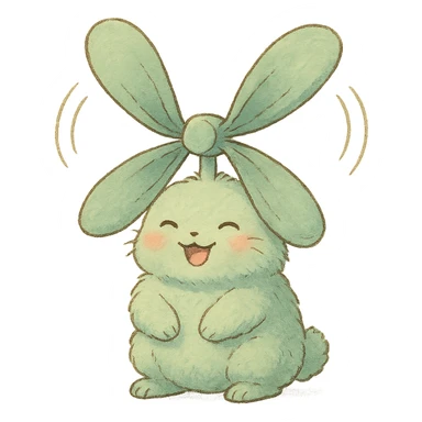 chibi electric fan as a soft, fluffy bunny, spinning ears like fan blades, cheerful face, pastel green, full-body sticker