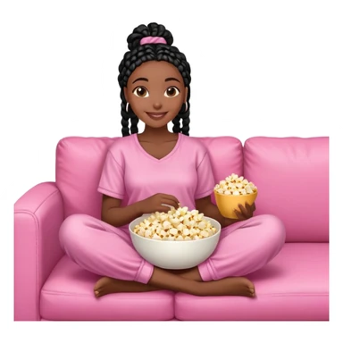 A dark-skinned Black woman with black box braids, holding a large bowl of popcorn in her lap, smiling, wearing comfy loungewear sitting on pink couch. sticker