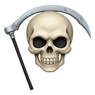 A laughing skull with a scythe crossed behind it, one eye socket winking. Clean, stylized lines, flat vector. Medieval woodcut style. Black and white with one accent color (tarnished silver). No background. sticker
