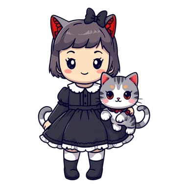 girl wearing black Lolita style dress, with medium-length black hair with red tips, and a gray American Shorthair tabby cat sticker