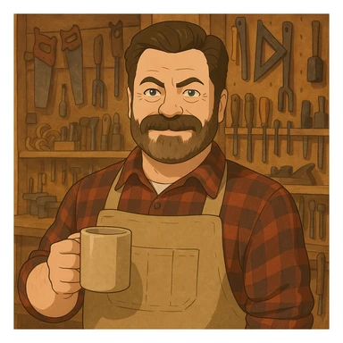 Nick Offerman being awesome, holding a mug, smiling, woodshop background sticker
