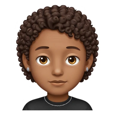 a boy emoji with a milk chocolate skin color, short dark brown curly hair with 2 silver stud earrings on both ears and 2 slits on each eyebrow and is wearing a black shirt with a silver necklace  sticker