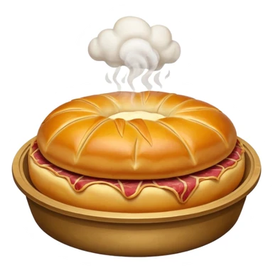 closed round meat esfirra with shiny dough, steam detail coming out sticker