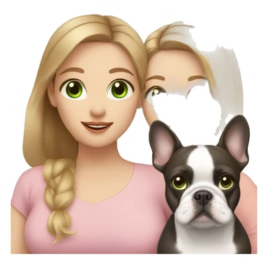 Mom with light brown hair and green eyes, daughter with light brown hair and blue eyes, French bulldog sticker