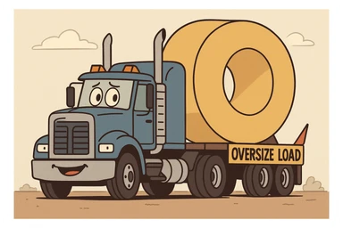 cartoon-style semi truck with huge object on trailer and visible OVERSIZE LOAD sign sticker