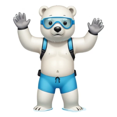 friendly anthropomorphised polar bear standing in a puddle of water, wearing loose board shorts, scuba mask over eyes, inflatable swimming armbands sticker