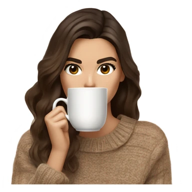 brunette Kendall Jenner with long and light brown hair her eyes brown and sipping coffee Her hair is wavy and shiny With brown sweater just one  sticker