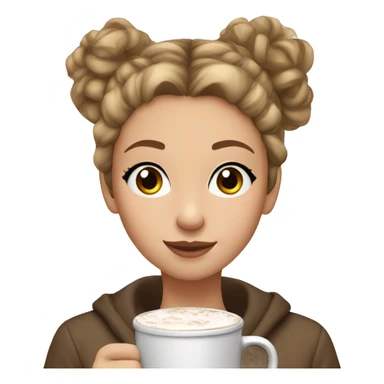 Create a teen girl with light brown hair drinking a hot chocolate with her hair in a high messy bun please  sticker