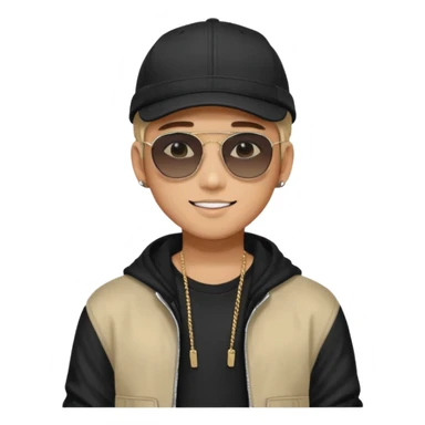 Portrait of a male K-pop idol, wearing a stylish streetwear outfit with layered clothing, makeup, wearing a black cap, happy, sunglasses sticker