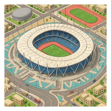 Изометричная, яркая, детализированная и фотореалистичная иллюстрация стадиона New Administrative Capital Stadium Egypt в стиле 3D-коллажей городов, насыщенные цвета, аккуратные и чёткие линии, мультяшно-реалистичная стилистика. Чёткие контуры, не размазанные линии, прозрачный фон, высокое качество. sticker